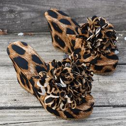 KissICON Flower Decor Wedges Sandals for Women Fashion Leopard