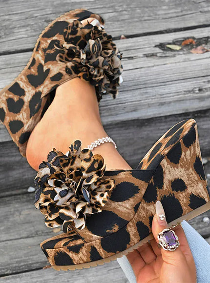 KissICON Flower Decor Wedges Sandals for Women Fashion Leopard