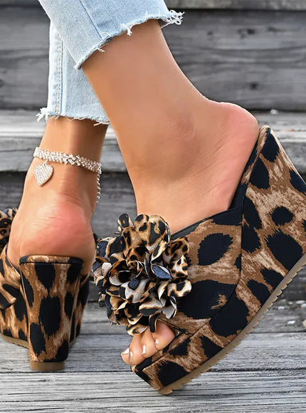 KissICON Flower Decor Wedges Sandals for Women Fashion Leopard