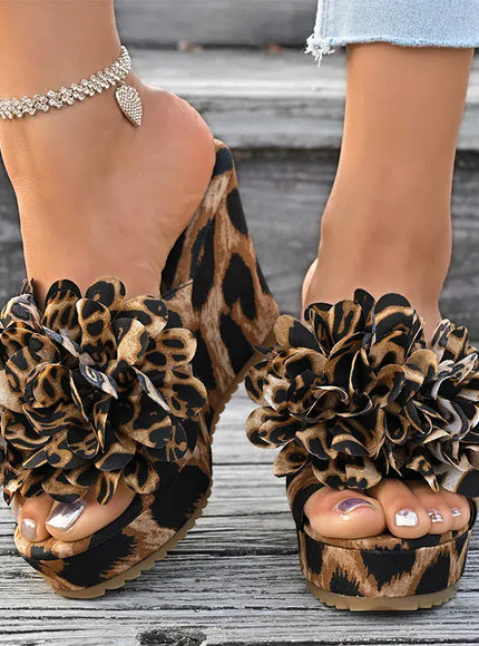 KissICON Flower Decor Wedges Sandals for Women Fashion Leopard