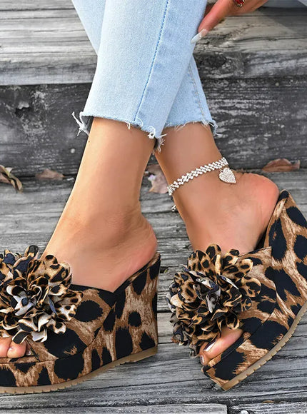 KissICON Flower Decor Wedges Sandals for Women Fashion Leopard
