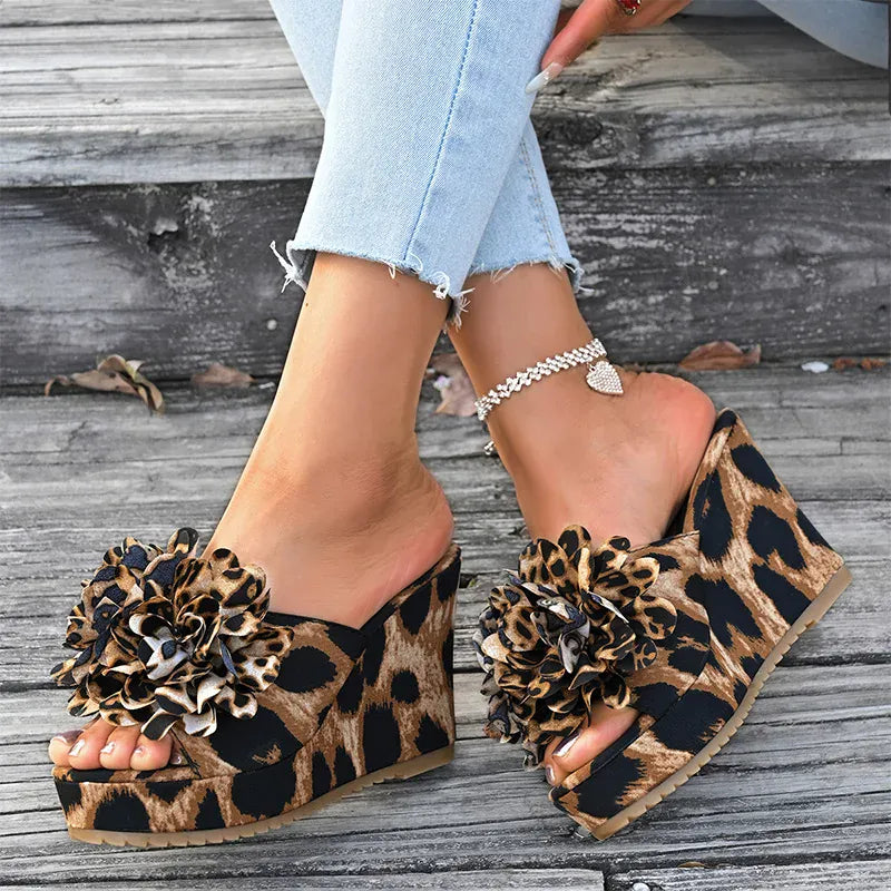KissICON Flower Decor Wedges Sandals for Women Fashion Leopard