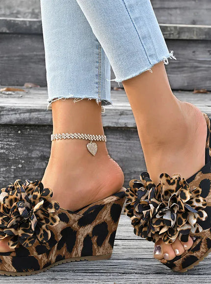 KissICON Flower Decor Wedges Sandals for Women Fashion Leopard
