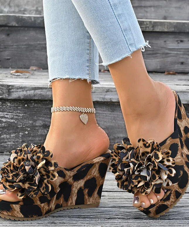 KissICON Flower Decor Wedges Sandals for Women Fashion Leopard