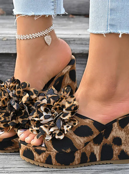KissICON Flower Decor Wedges Sandals for Women Fashion Leopard
