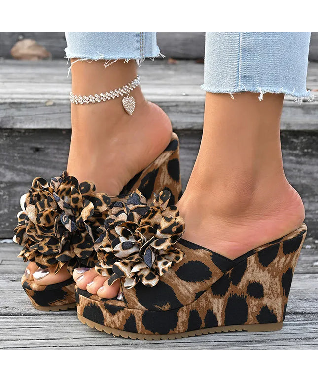 KissICON Flower Decor Wedges Sandals for Women Fashion Leopard