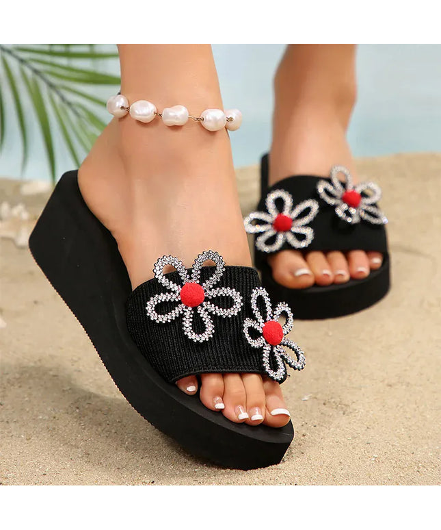 KissICON Flower Decor Wedges Sandals for Women Shiny Crystal