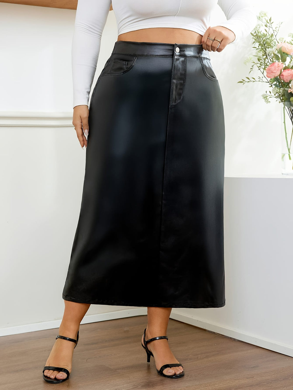 jkthpu-45 Flowy Black Denim Skirt Stretchy Comfort for All Seasons