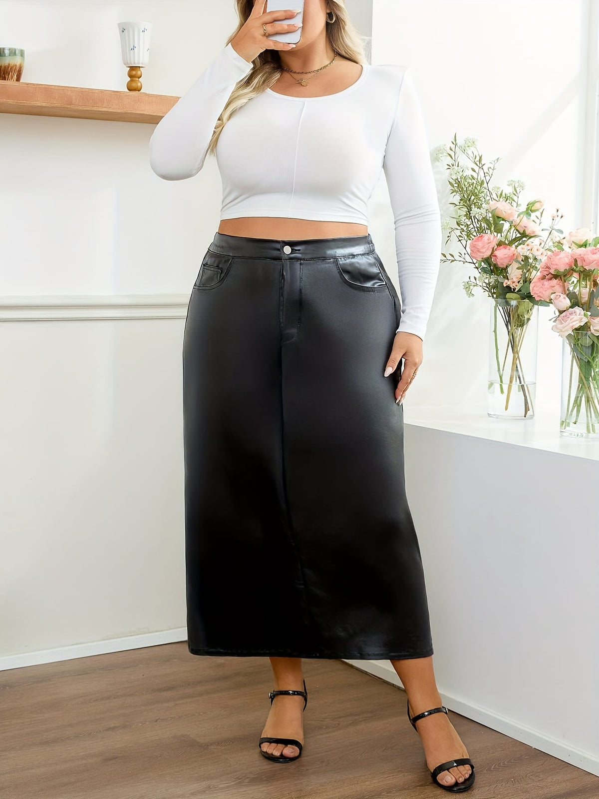 jkthpu-45 Flowy Black Denim Skirt Stretchy Comfort for All Seasons