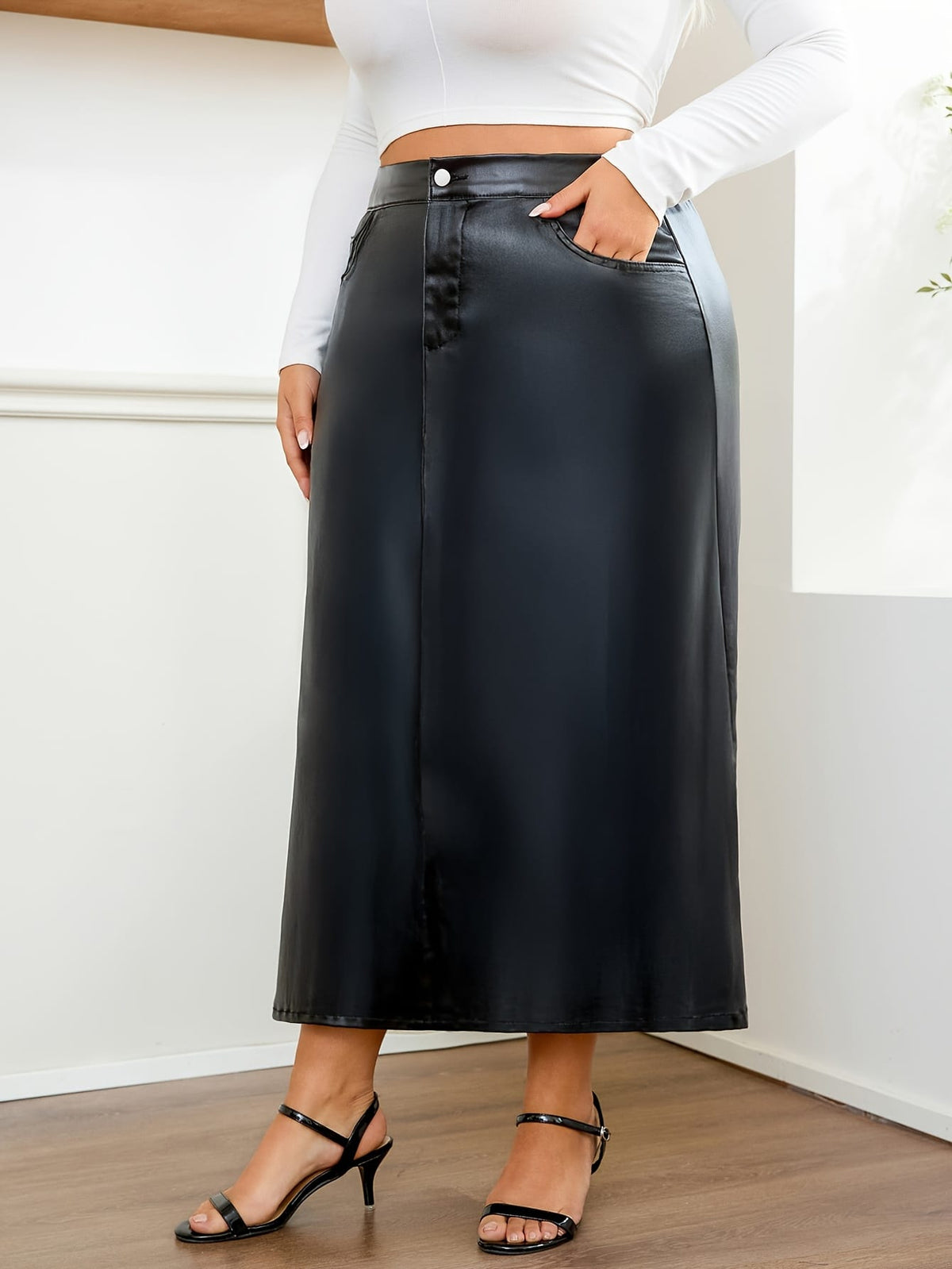 jkthpu-45 Flowy Black Denim Skirt Stretchy Comfort for All Seasons