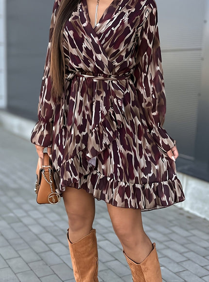 jkthpu-45 Fuchsia / UK 16 Plus Size - Plus Size Leopard Print Maxi Dress - V-Neck Ruffle Hem, Long Sleeve Summer Dress for Women, Casual Vacation Style, Lightweight Polyester Fabric, Casual Summer Dress | Ruffle Hem Dress | Glossy Texture