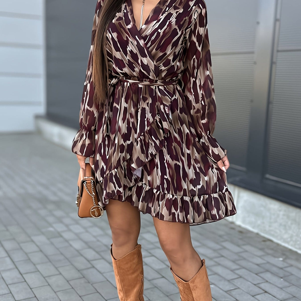 jkthpu-45 Fuchsia / UK 16 Plus Size - Plus Size Leopard Print Maxi Dress - V-Neck Ruffle Hem, Long Sleeve Summer Dress for Women, Casual Vacation Style, Lightweight Polyester Fabric, Casual Summer Dress | Ruffle Hem Dress | Glossy Texture