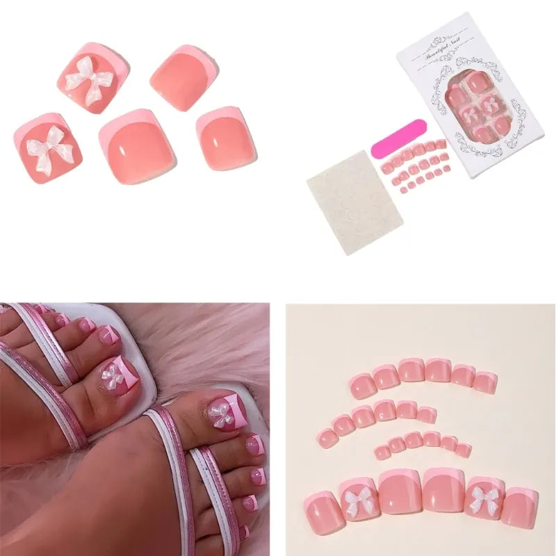 KissICON Full Cover Bow False Toenails French Tip Press