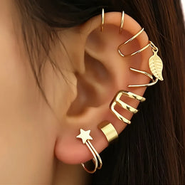 KissICON GD-6pcs 5pcs/set Trendy Elegant Design Ear Cuff Classic Elegant Style Gifts Women's No Piercing Clip Silver Earrings Circle Leaf Shaped