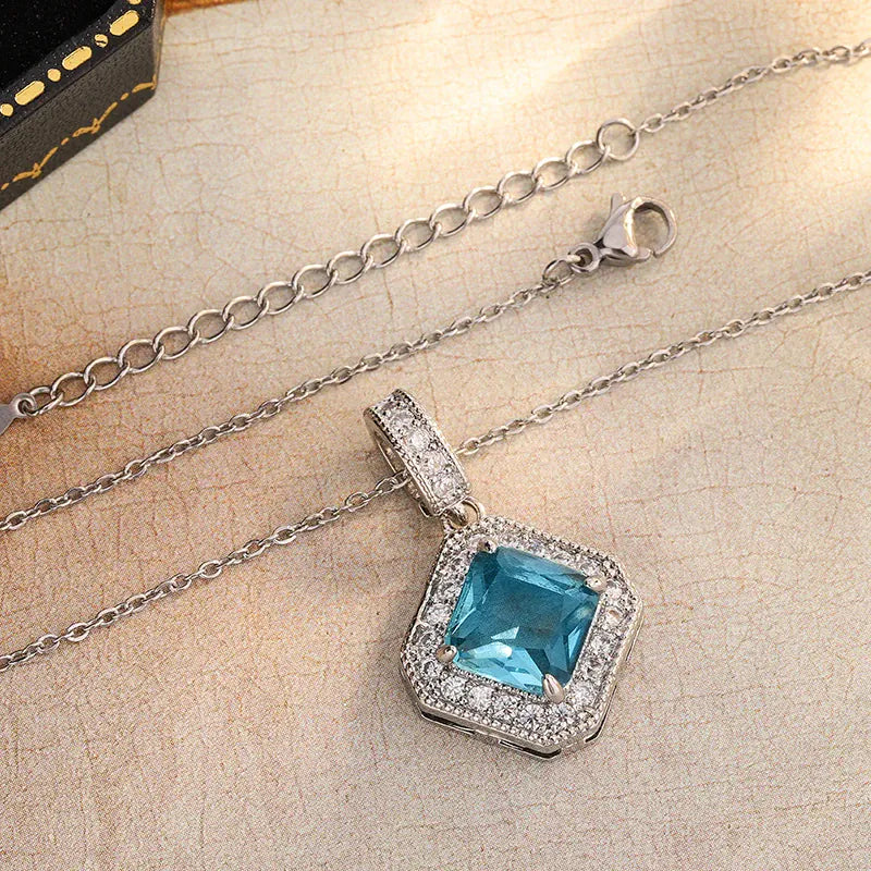 KissICON Geometric Blue CZ Necklace - 925 Silver Plated Pendant