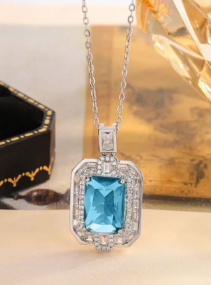 KissICON Geometric Blue CZ Necklace - 925 Silver Plated Pendant
