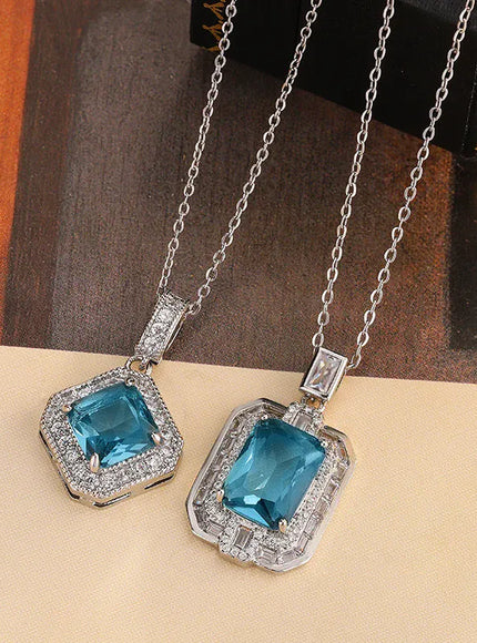 KissICON Geometric Blue CZ Necklace - 925 Silver Plated Pendant