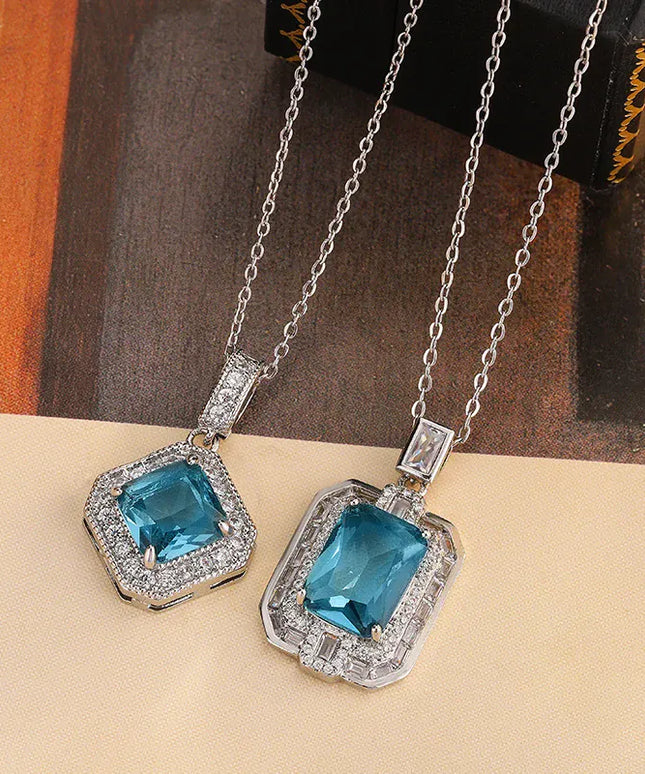 KissICON Geometric Blue CZ Necklace - 925 Silver Plated Pendant