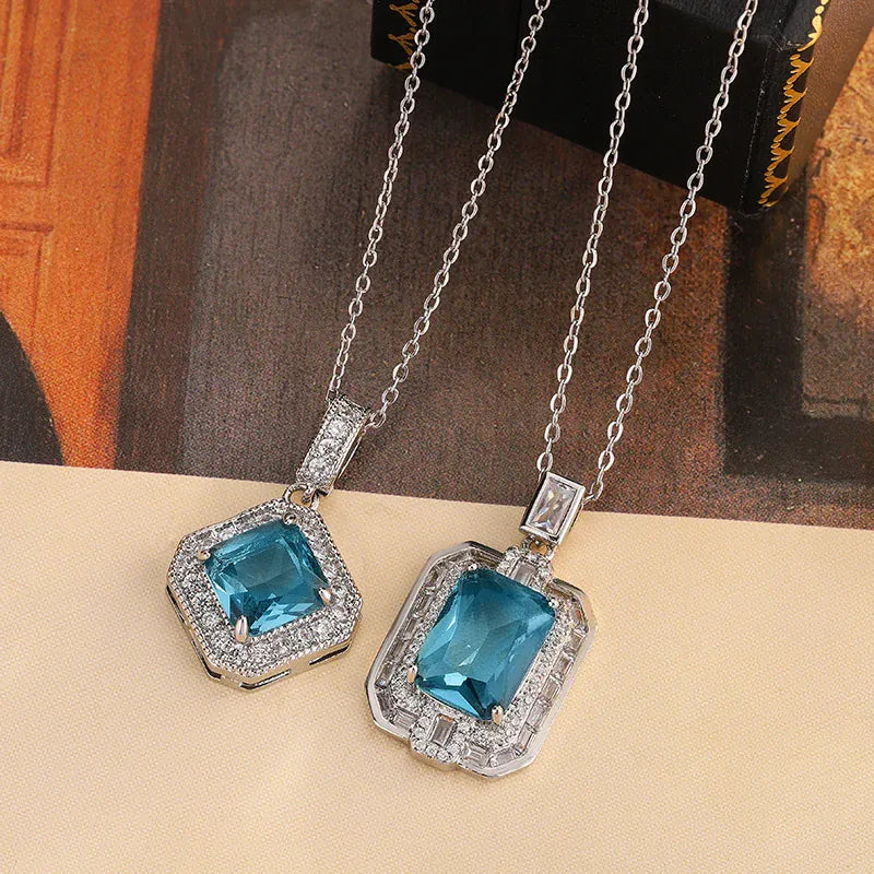 KissICON Geometric Blue CZ Necklace - 925 Silver Plated Pendant
