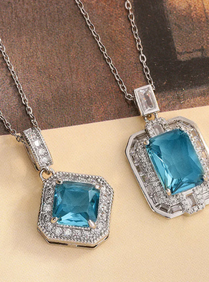 KissICON Geometric Blue CZ Necklace - 925 Silver Plated Pendant