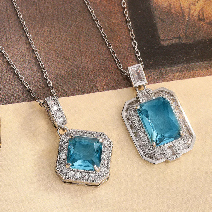 Geometric Blue CZ Necklace - 925 Silver Plated Pendant