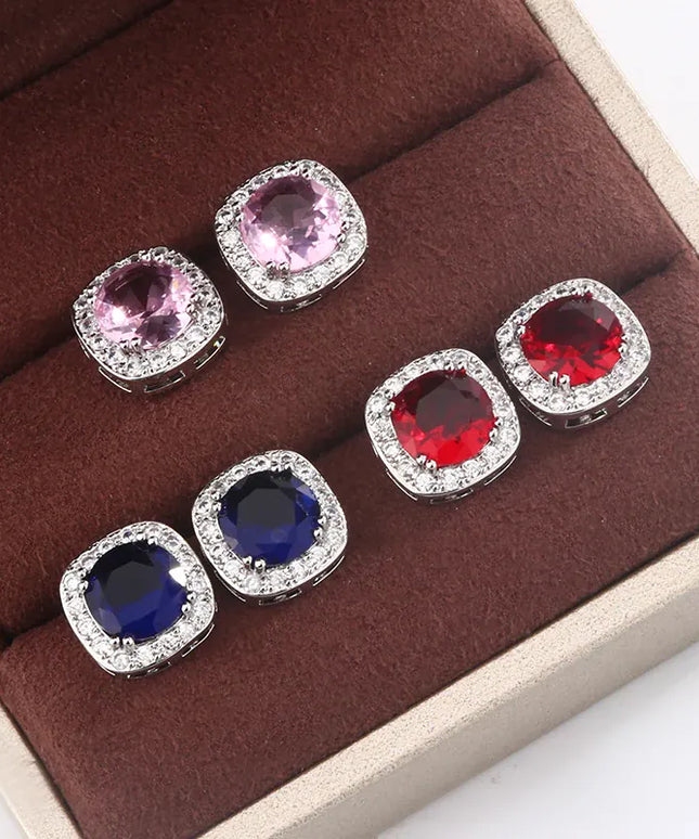 KissICON Geometric Blue Red Stud Earrings For Women Sterling Silver