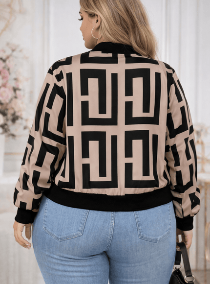 jkthpu-45 Jackets Geometric Print Baseball Jacket – Plus Size | Drop Shoulder Zip-Up