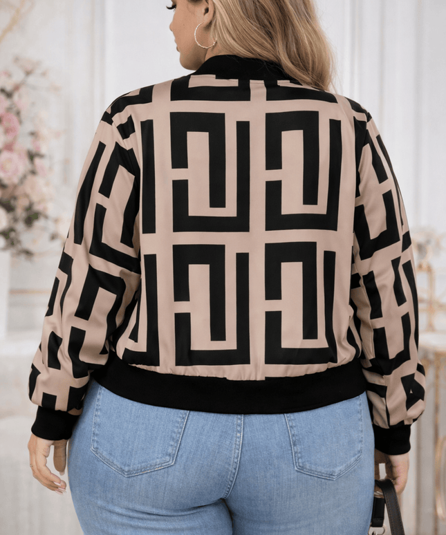 jkthpu-45 Jackets Geometric Print Baseball Jacket – Plus Size | Drop Shoulder Zip-Up