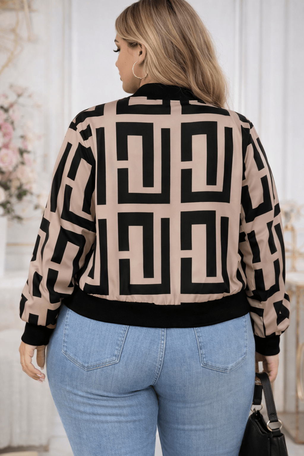 jkthpu-45 Jackets Geometric Print Baseball Jacket – Plus Size | Drop Shoulder Zip-Up