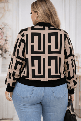 jkthpu-45 Jackets Geometric Print Baseball Jacket – Plus Size | Drop Shoulder Zip-Up