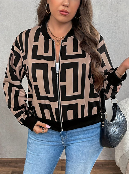 jkthpu-45 Jackets Geometric Print Baseball Jacket – Plus Size | Drop Shoulder Zip-Up
