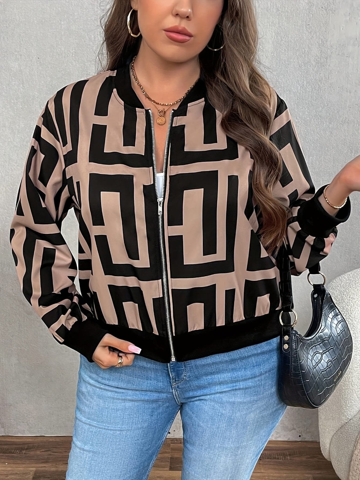 jkthpu-45 Jackets Geometric Print Baseball Jacket – Plus Size | Drop Shoulder Zip-Up