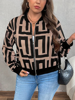 jkthpu-45 Jackets Geometric Print Baseball Jacket – Plus Size | Drop Shoulder Zip-Up