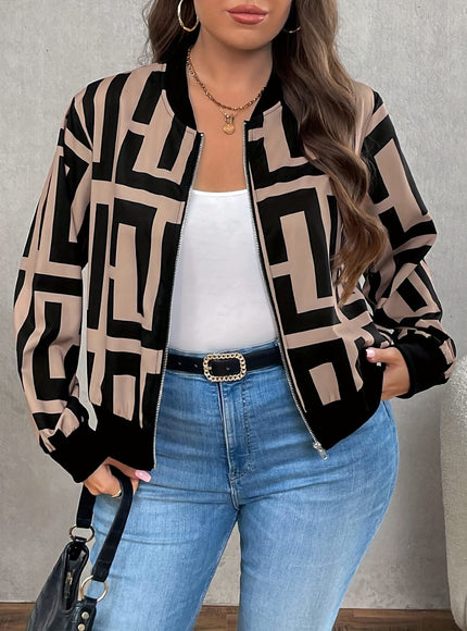 jkthpu-45 Jackets Geometric Print Baseball Jacket – Plus Size | Drop Shoulder Zip-Up