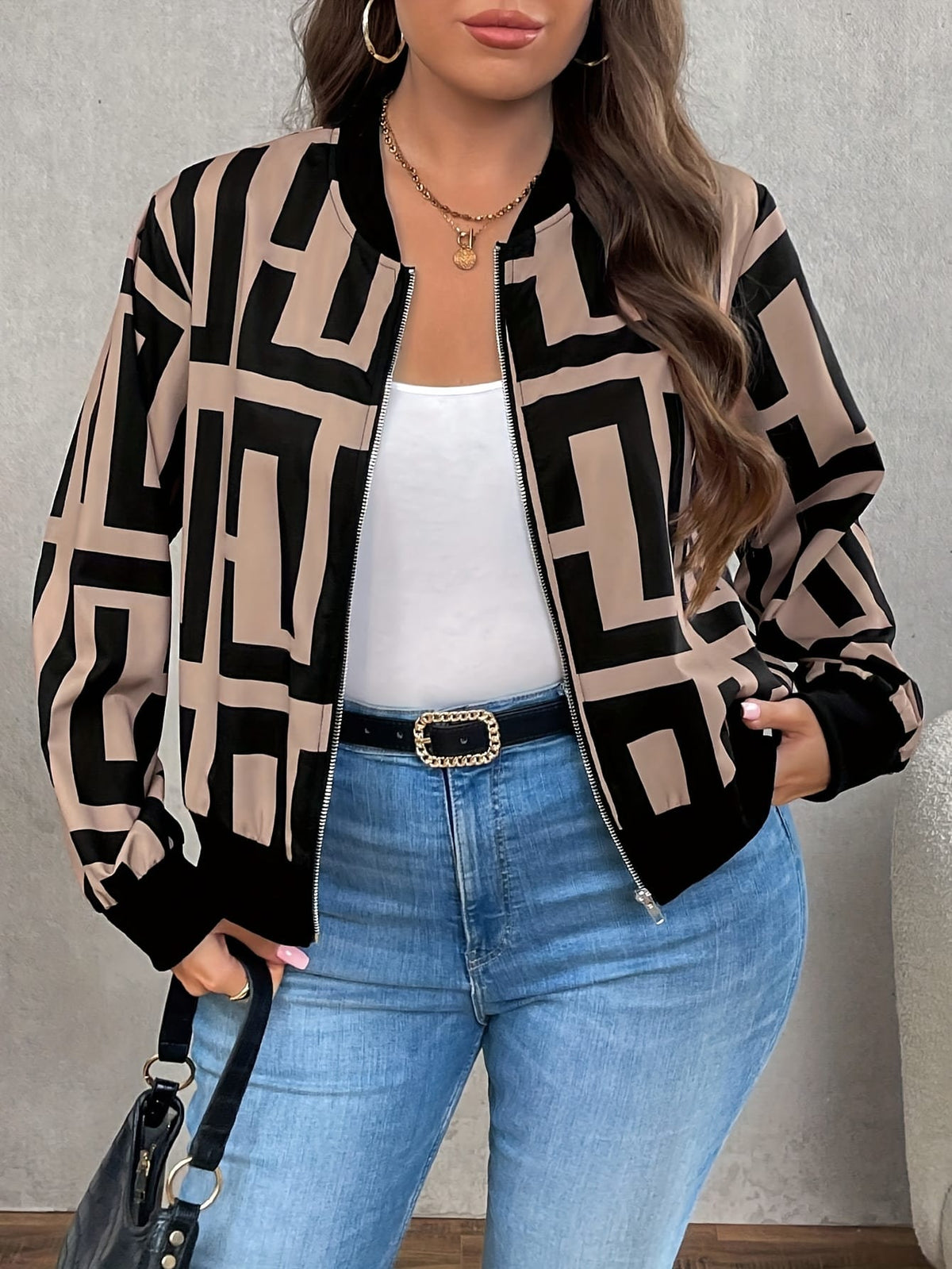 jkthpu-45 Jackets Geometric Print Baseball Jacket – Plus Size | Drop Shoulder Zip-Up