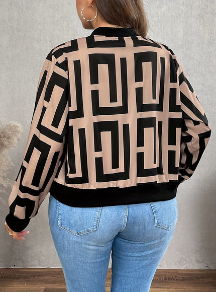 jkthpu-45 Jackets Geometric Print Baseball Jacket – Plus Size | Drop Shoulder Zip-Up