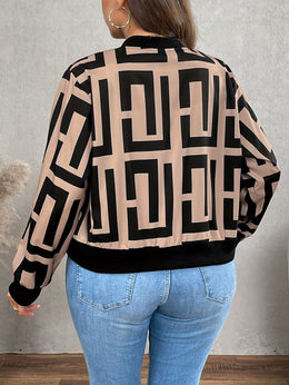 jkthpu-45 Jackets Geometric Print Baseball Jacket – Plus Size | Drop Shoulder Zip-Up