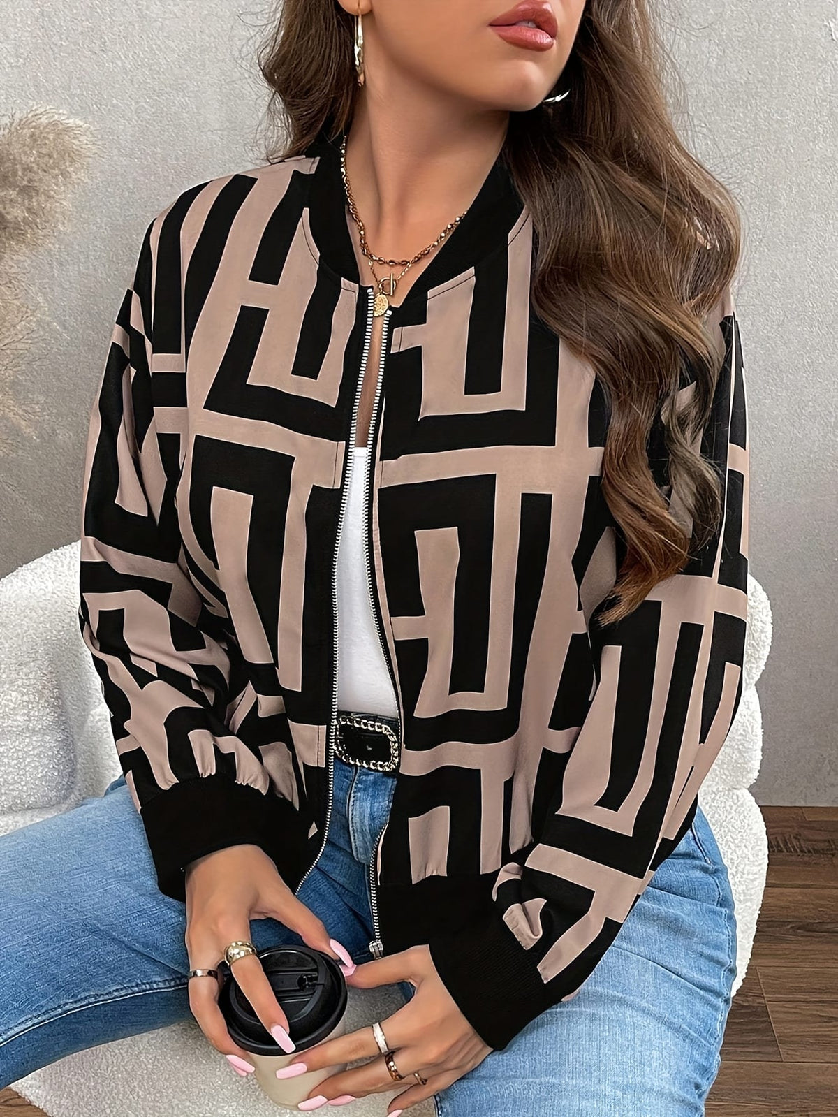 jkthpu-45 Jackets Geometric Print Baseball Jacket – Plus Size | Drop Shoulder Zip-Up