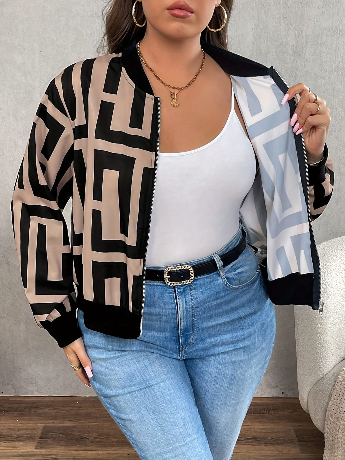 jkthpu-45 Jackets Geometric Print Baseball Jacket – Plus Size | Drop Shoulder Zip-Up