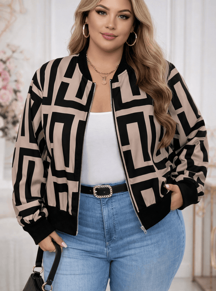 jkthpu-45 Jackets Geometric Print Baseball Jacket – Plus Size | Drop Shoulder Zip-Up