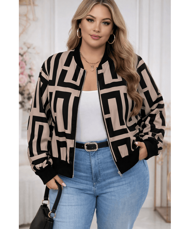 jkthpu-45 Jackets Geometric Print Baseball Jacket – Plus Size | Drop Shoulder Zip-Up