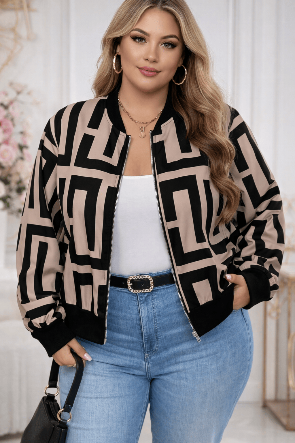 jkthpu-45 Jackets Geometric Print Baseball Jacket – Plus Size | Drop Shoulder Zip-Up
