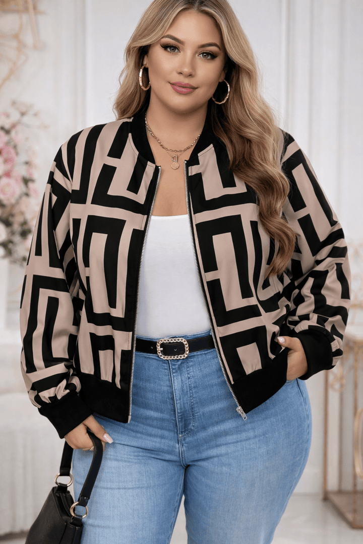 Geometric Print Baseball Jacket – Plus Size | Drop Shoulder Zip-Up