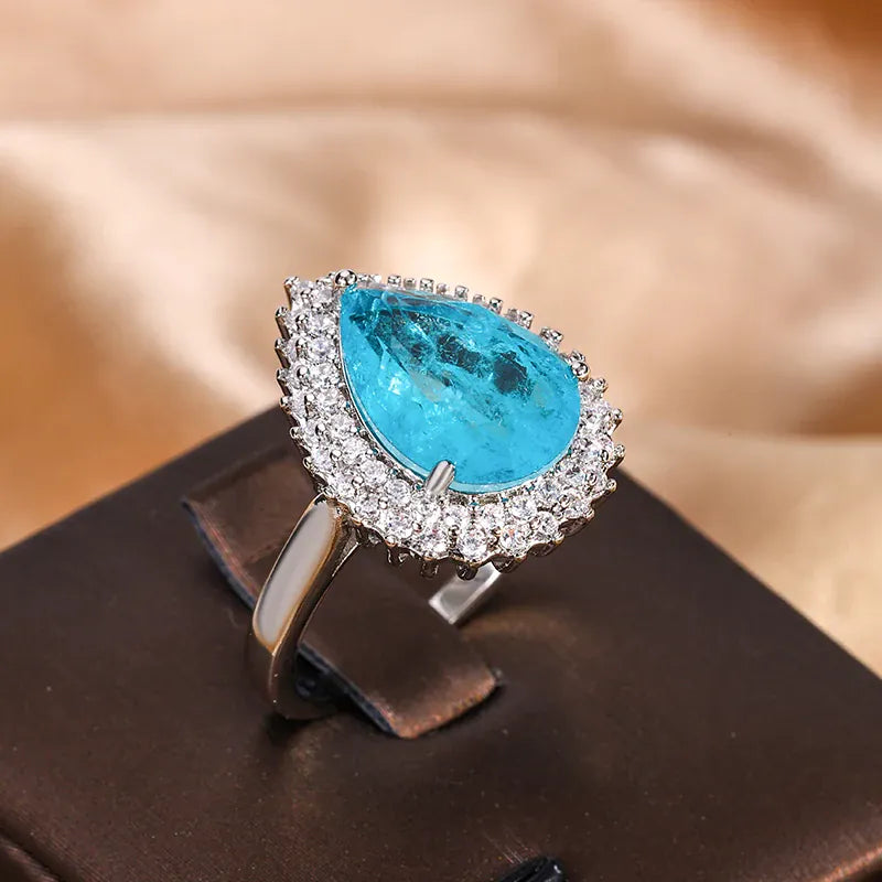 KissICON Geometric Shape 925 Silver Blue White Zircon Ring Light Luxury Fashion Open Ring To Attend High-end Banquet Party Jewelry