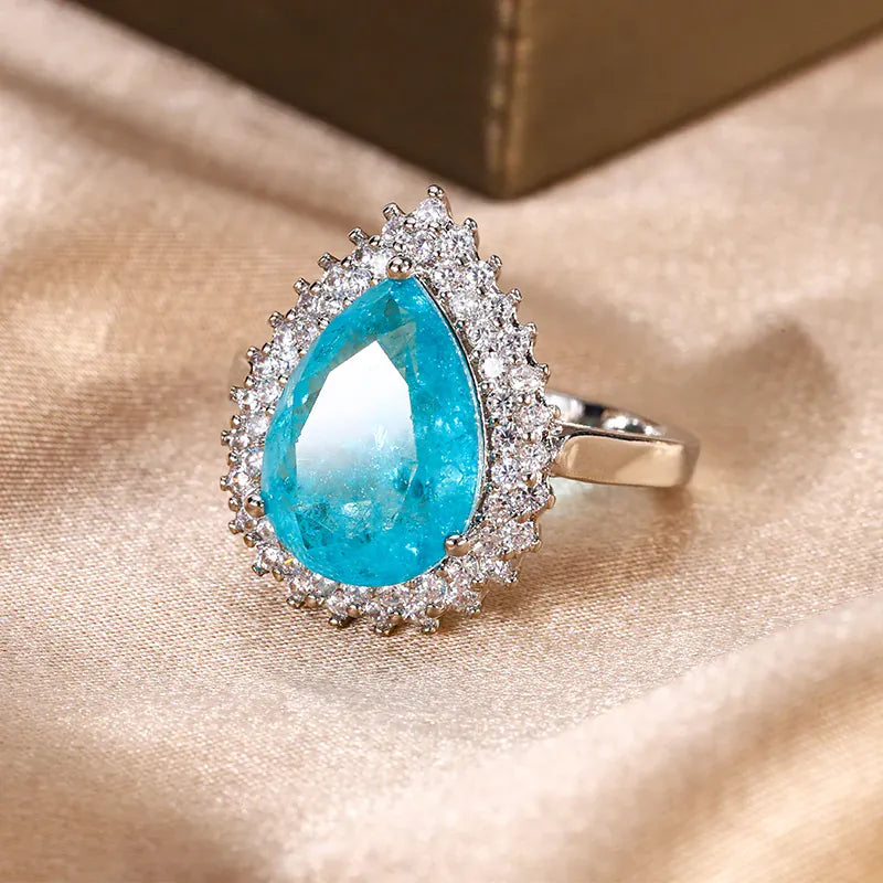 KissICON Geometric Shape 925 Silver Blue White Zircon Ring Light Luxury Fashion Open Ring To Attend High-end Banquet Party Jewelry
