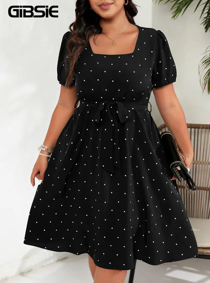 KissICON GIBSIE Plus Elegant Retro Polka Dot Puff Sleeve Belted Swing Dress