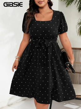 KissICON GIBSIE Plus Elegant Retro Polka Dot Puff Sleeve Belted Swing Dress