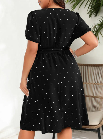 KissICON GIBSIE Plus Elegant Retro Polka Dot Puff Sleeve Belted Swing Dress
