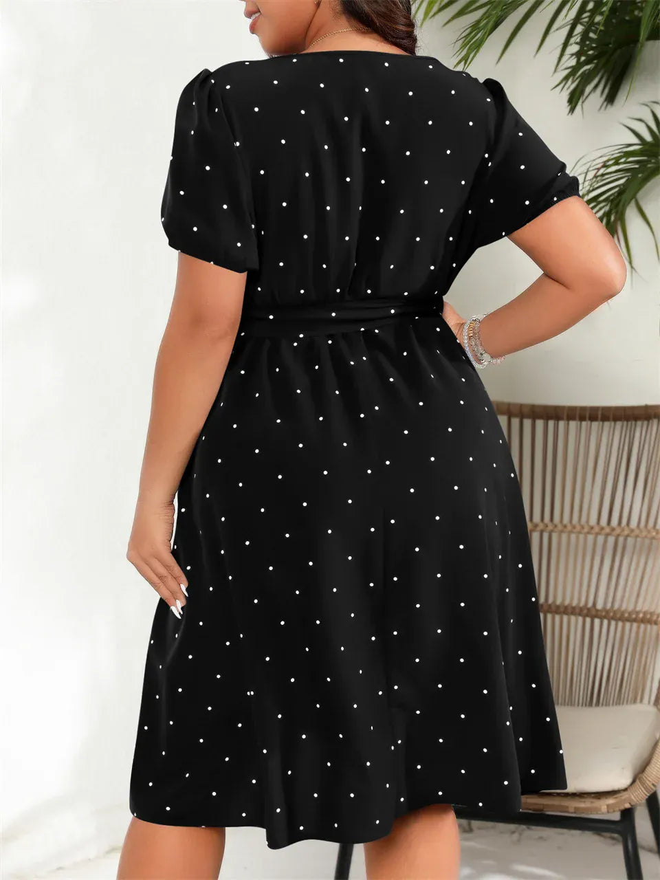 KissICON GIBSIE Plus Elegant Retro Polka Dot Puff Sleeve Belted Swing Dress