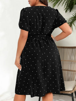 KissICON GIBSIE Plus Elegant Retro Polka Dot Puff Sleeve Belted Swing Dress